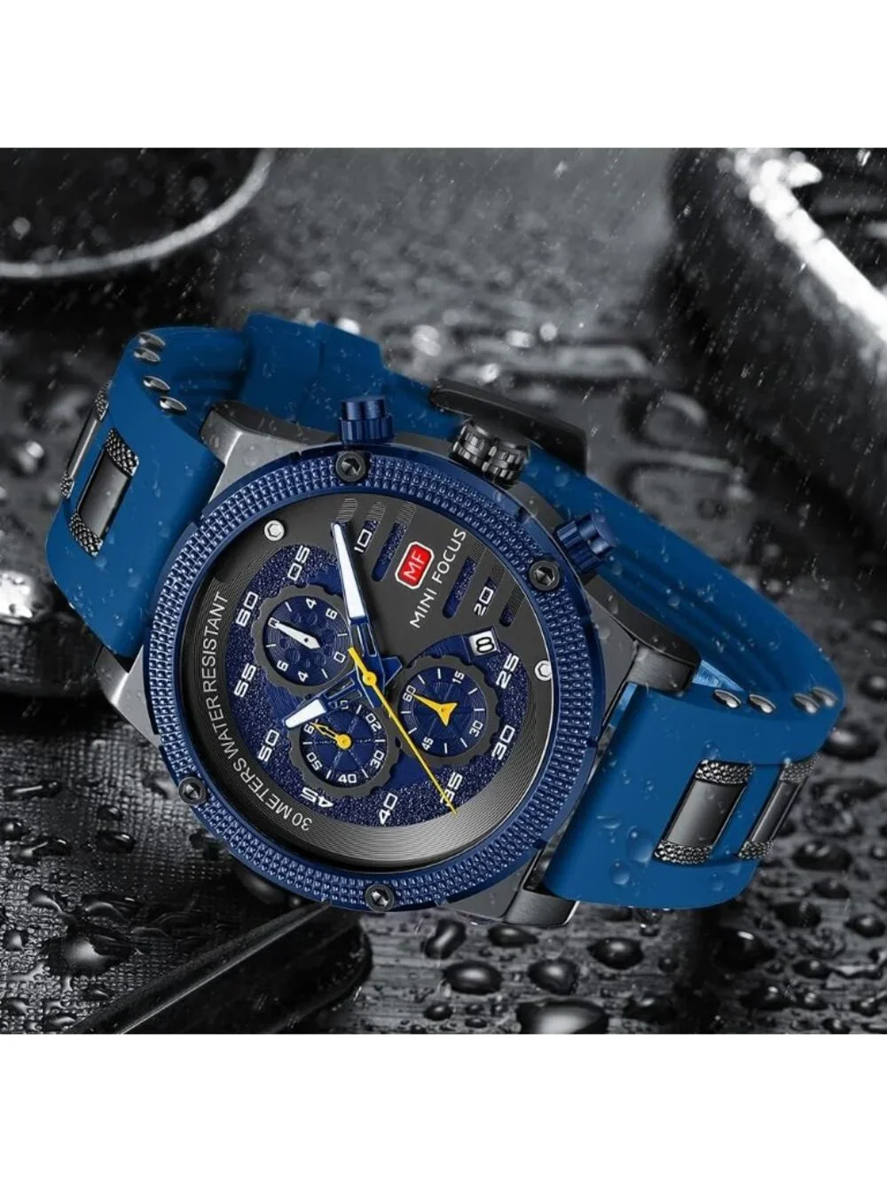 Men's Black Blue Chronograph Waterproof Sport Military Analog Quartz Wristwatch